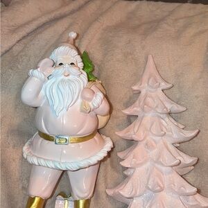 Pink Festive Santa and Glittery Tree Figurine Set